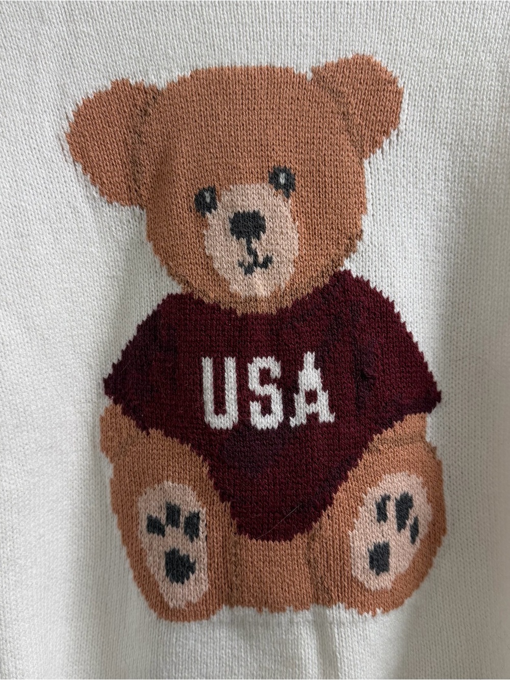 Hollister White Crewneck Sweater with Teddy Bear USA Motif - Picture 2 of 4